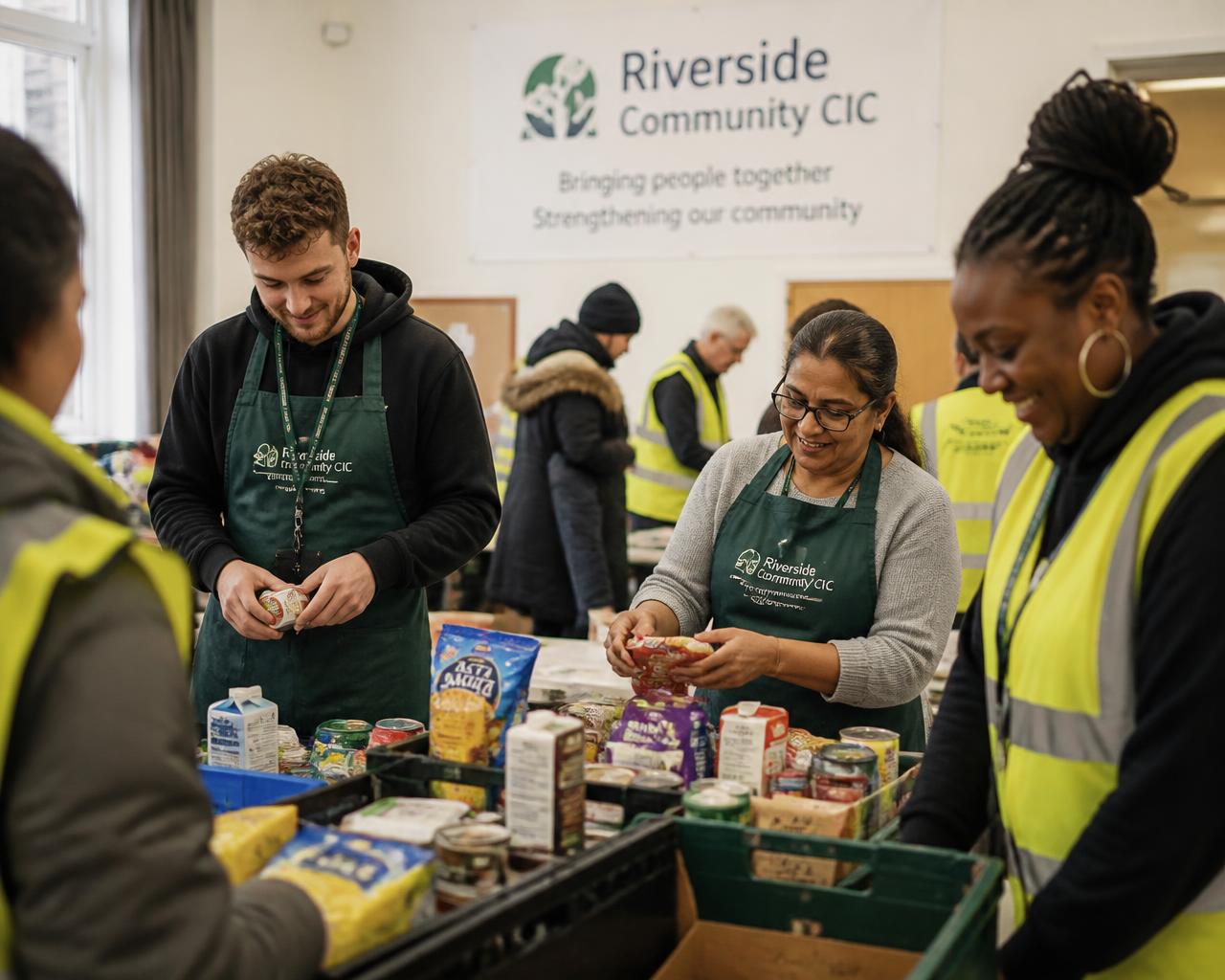 British volunteers in aprons and hi-vis vests sorting donated food at a community interest company project
